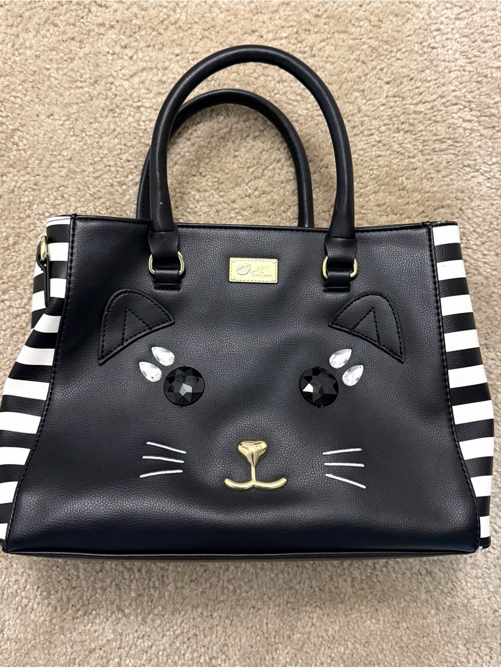 Luv Betsey by Betsey Johnson Black Cat Satchel Handbag with Stripe Sides